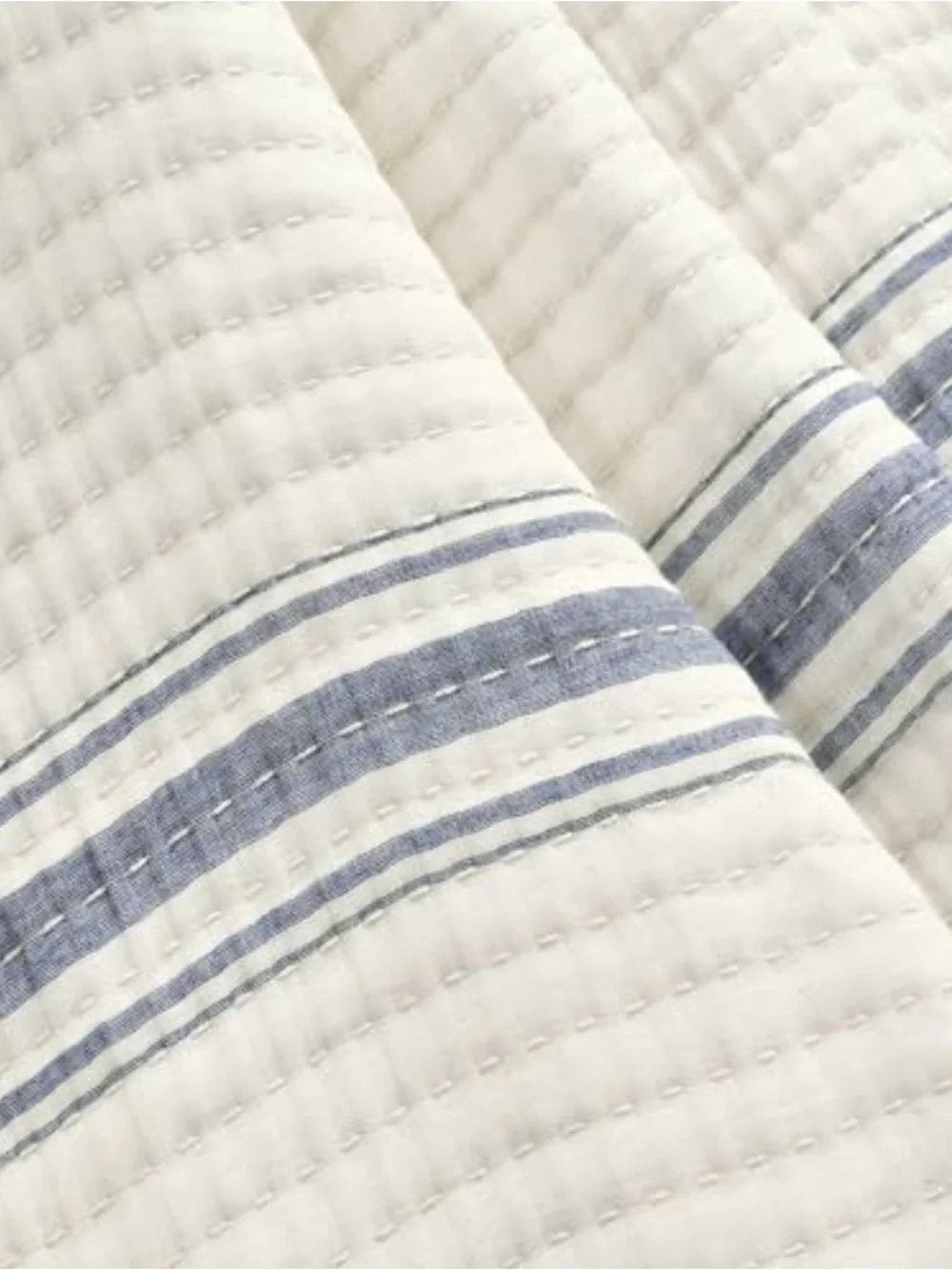 White Quilted Cotton Throw with Blue Stripe - Home Bedding